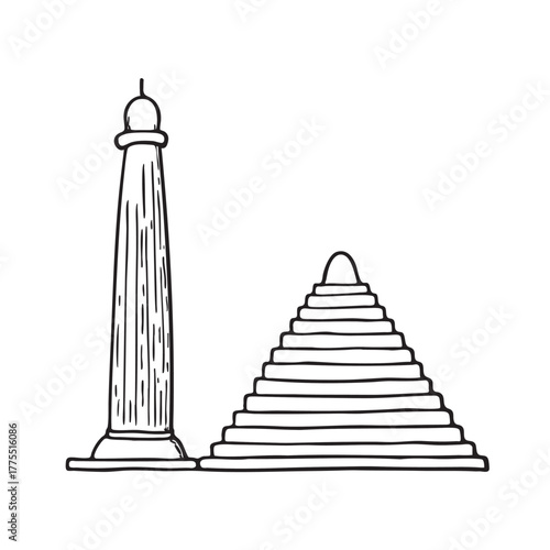 A ziggurat beside a pillar casting a long dark shadow