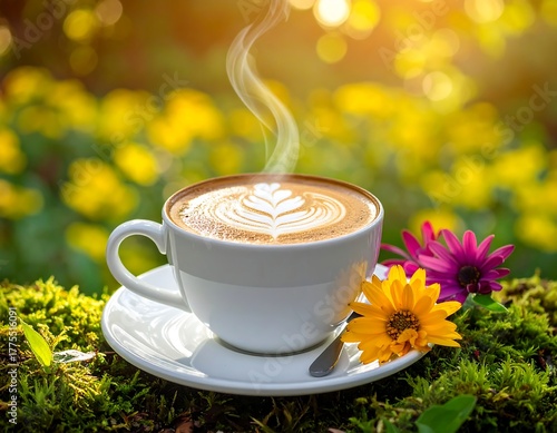 Steaming latte in a white cup, latte art, flowers, outdoors