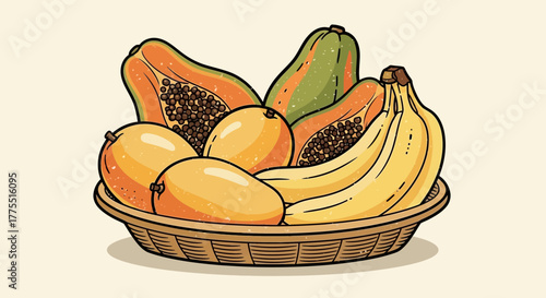 Vibrant tropical fruit basket with bananas, mangoes and papaya illustration