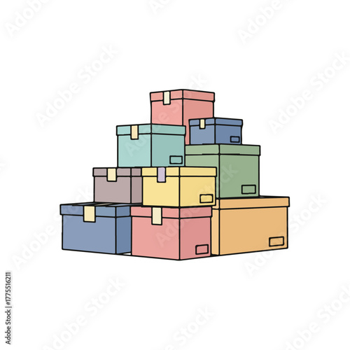 Stack of Colorful Boxes with Black Outlines, Isolated