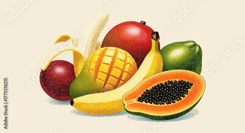A vibrant tropical fruit arrangement rendered with vintage halftone texture