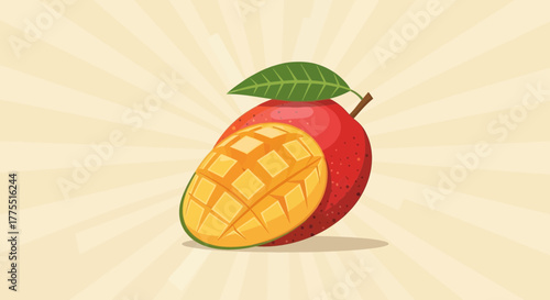 Delicious mango presentation with textured background and sliced portion