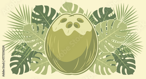 Botanical coconut with lush tropical palm fronds in light green hues