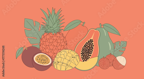 Elegant illustration showcases a tropical fruit arrangement against a serene backdrop