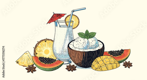 Delicious tropical fruit arrangement featuring a cocktail and coconut treat