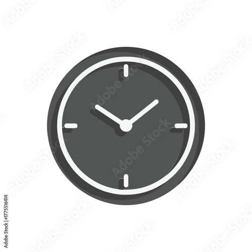 Minimalist dark grey circular analog clock icon with white hands and markers on a white background.