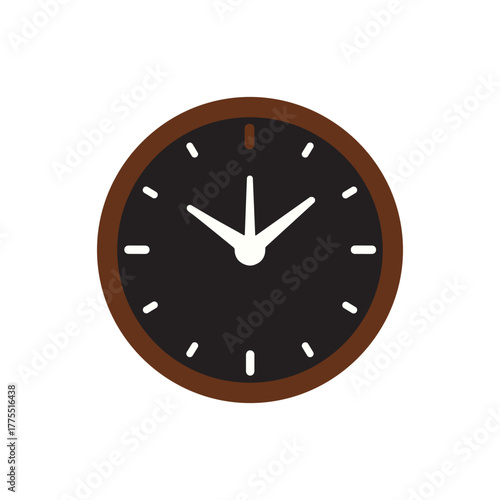A simple illustration of a round analog clock with a dark face and brown bezel.