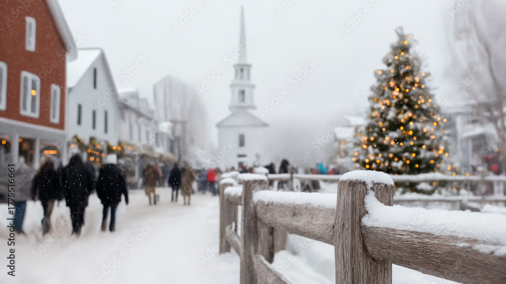 Obraz premium Winterstimmung in verschneiter kleiner Stadt mit Kirche und Weihnachtsbaum im unscharfen Hintergrund