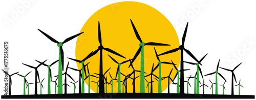 Wind Turbines Silhouetted Against Yellow Sun, Green Energy Concept