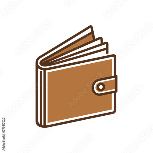 A brown wallet with a clasp, open to reveal several pages, likely for storing money.