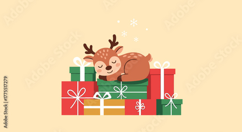A cute baby reindeer sleeping peacefully on a large pile of colorful Christmas presents with snowflakes falling.