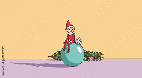 An elf wearing a red suit and hat sits on a large teal Christmas ornament with a pine branch behind it.