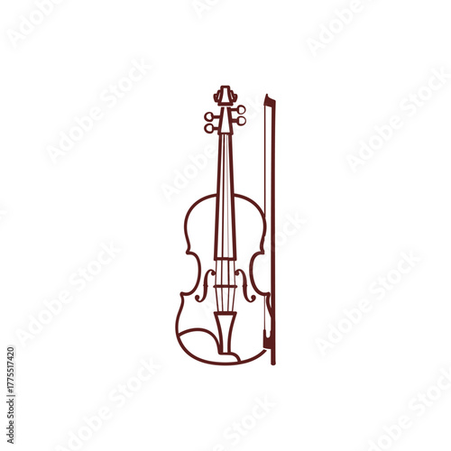 A minimalist line art illustration of a violin and bow against a white background.