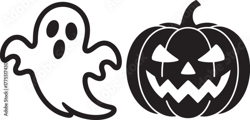 Spooky ghost and grinning jack o lantern halloween pumpkin