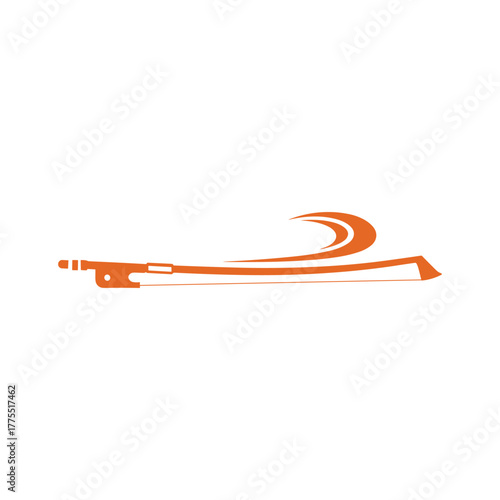 Orange violin bow with a curved line above it on a white background.