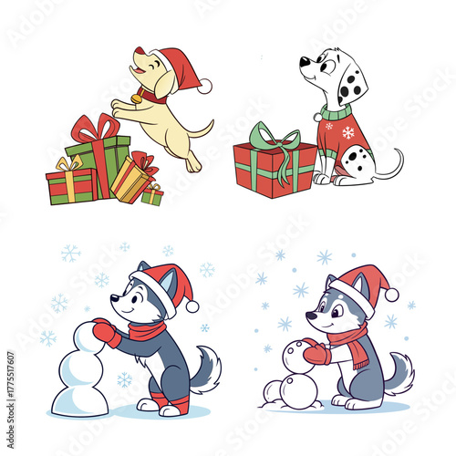 Cute cartoon dogs celebrating christmas with gifts and snowballs