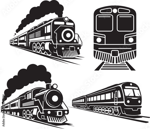 Vintage steam locomotives and modern train carriages transport
