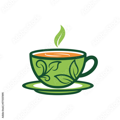 A green teacup with a leaf design, filled with hot tea, and a steaming leaf rising from it, on a matching saucer.