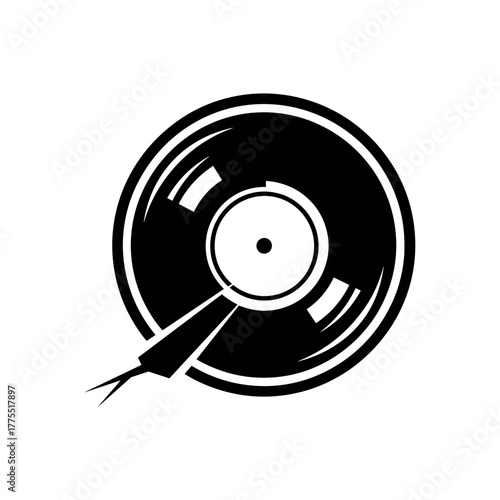 A black and white graphic illustration of a vinyl record with a snake's head emerging from the center.