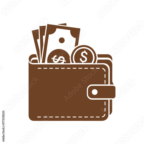 Illustration of a brown wallet filled with cash and coins, symbolizing wealth and financial security.
