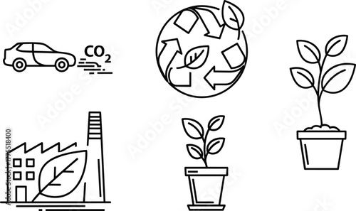 Car emitting CO2, recycling eco symbol, green factory with leaf, potted plants growth, sustainability, pollution, environment, climate change, renewable energy
