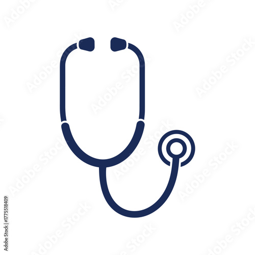 Simple dark blue silhouette of a medical stethoscope on a white background, essential for health checkups.