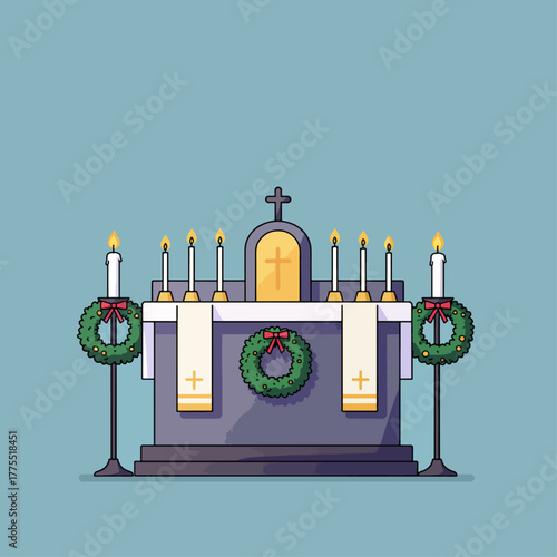 Illustration of a church altar with candles, wreaths, and a cross, set against a blue background.
