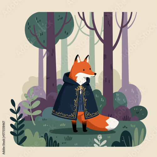An elegant red fox wearing a dark, embroidered cloak stands in a stylized, magical forest.