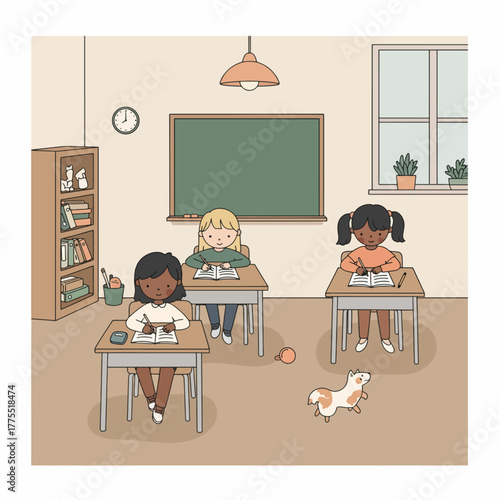 Three young diverse students are sitting at their desks in a classroom, diligently writing in their notebooks, with a dog playing nearby.