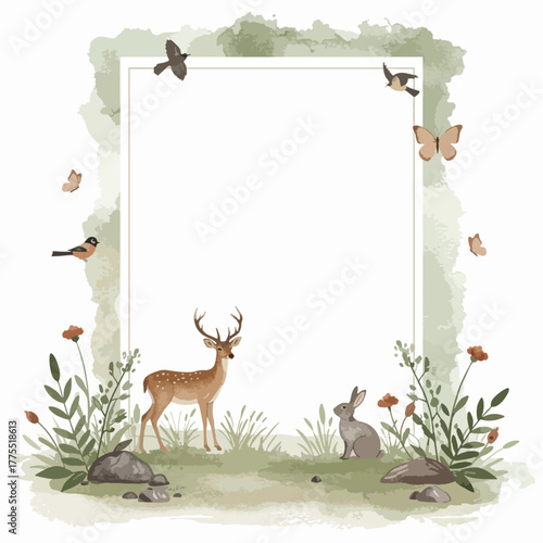 Watercolor nature frame with deer, rabbit, birds, and butterflies in a lush green landscape.