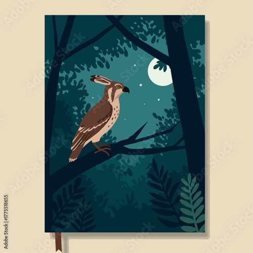 An illustration of a bird perched on a branch in a moonlit forest setting.
