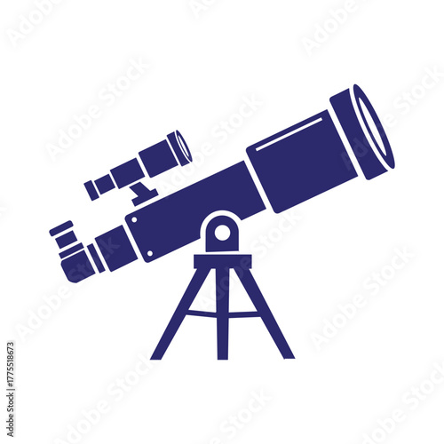 A dark blue silhouette of a telescope on a tripod, used for astronomical observation and stargazing.