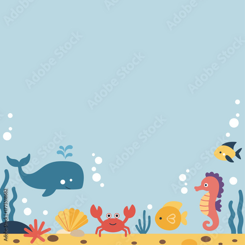 Cute cartoon underwater scene with various sea animals like a whale, crab, fish, seahorse, and starfish on a sandy ocean floor.