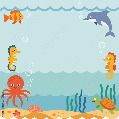 Vibrant cartoon underwater scene featuring a variety of cute sea creatures like fish, dolphin, seahorses, octopus, and turtle.