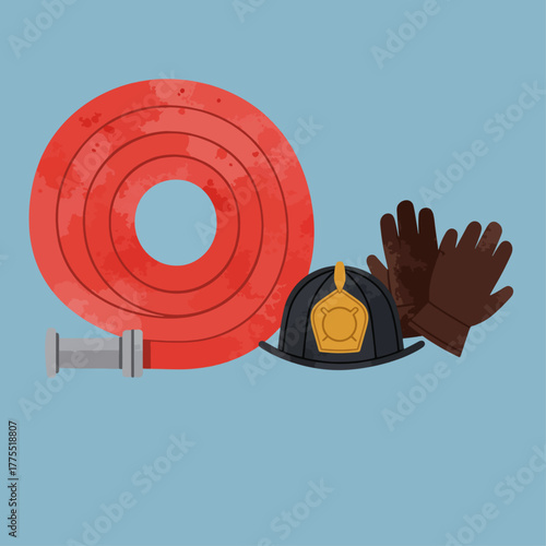A rolled-up fire hose, a firefighter's helmet, and a pair of gloves, all essential firefighting equipment.