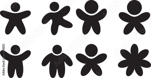 Eight abstract figures in black shapes people