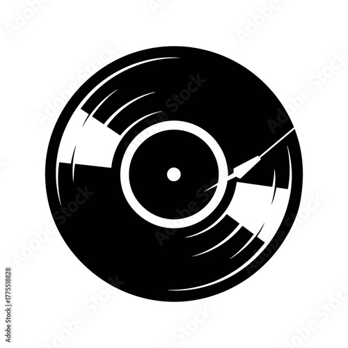 Black and white illustration of a vinyl record with a crack, showing the grooves.