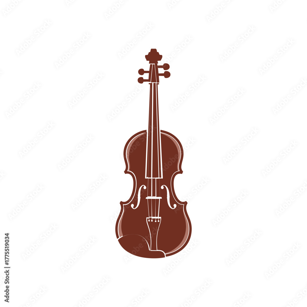 Fototapeta premium Illustration of a brown violin with detailed strings and tuning pegs on a white background.