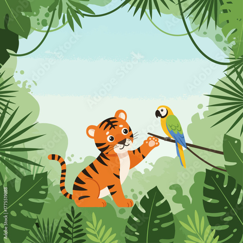 A cute cartoon tiger cub reaching out to a colorful parrot in a vibrant jungle scene.