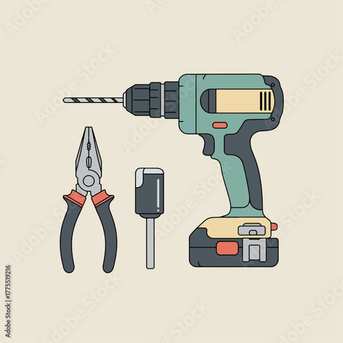 A detailed illustration of essential hand tools including a cordless drill, pliers, and a drill bit, set against a light background.