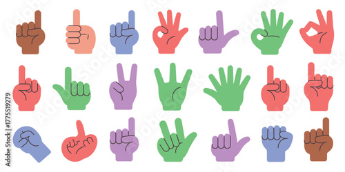 Hand Gestures Vector Pack,  Flat vector illustrations of human hands showing pointing, fist, shake, and finger gestures for communication, education, and creative design purposes.