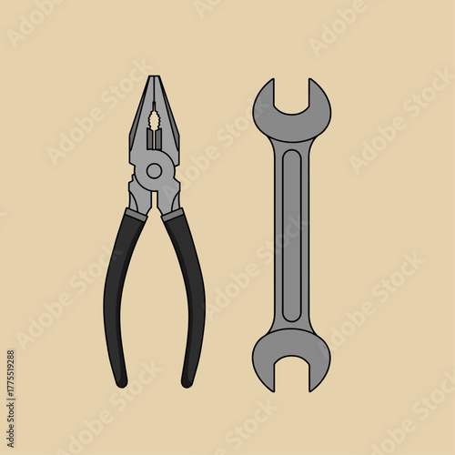 Illustration of a pair of pliers and a wrench, common hand tools for various tasks.