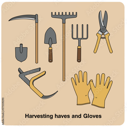 A collection of essential gardening and harvesting tools including a scythe, rake, shovels, pitchfork, pruning shears, and gloves.
