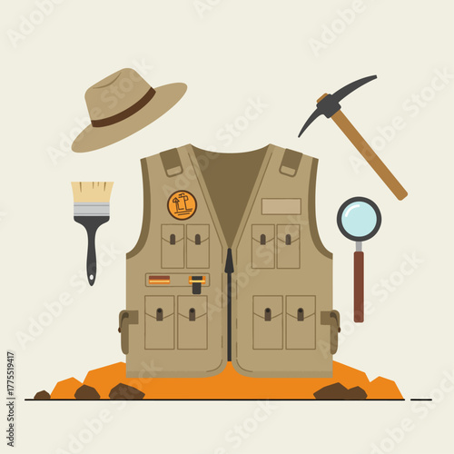 Archaeologist's essential tools and attire for excavation work, including a vest, hat, brush, pickaxe, and magnifying glass.