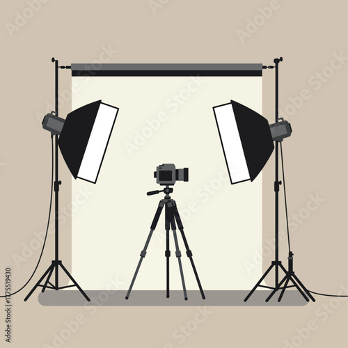 A professional photography studio setup with a camera on a tripod, two softbox lights, and a white backdrop for creative shoots.