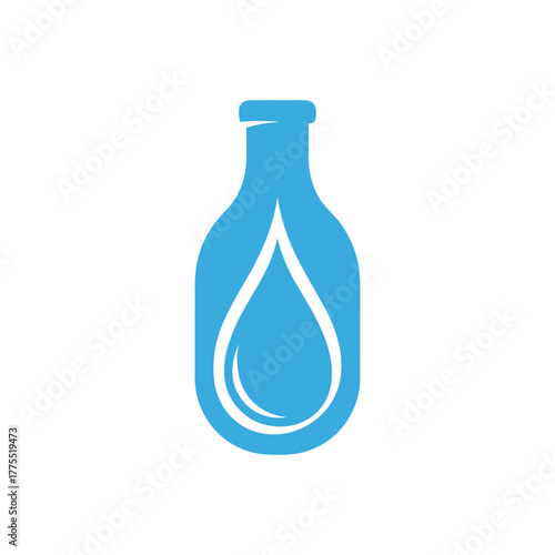 A blue bottle silhouette with a white water drop icon inside, symbolizing hydration, purity, or liquid products.