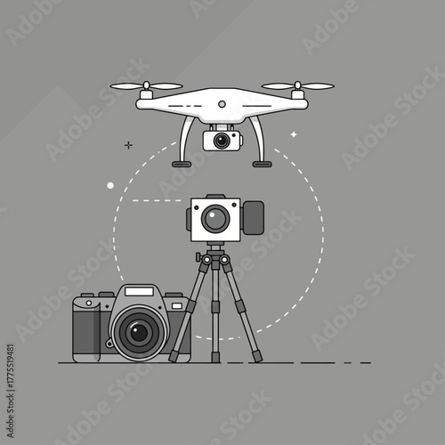A drone hovers above a camera on a tripod, with a DSLR camera to the side, illustrating modern photography and videography equipment.