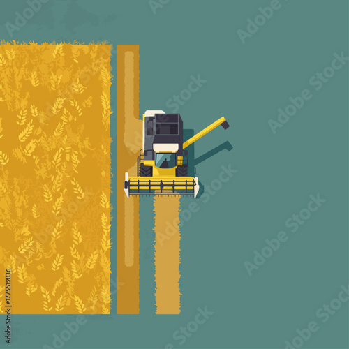 Overhead view of a yellow combine harvester working in a golden wheat field on a teal background.
