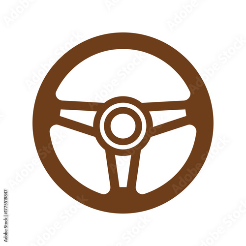 A simple brown icon of a classic three-spoke car steering wheel isolated on a white background.