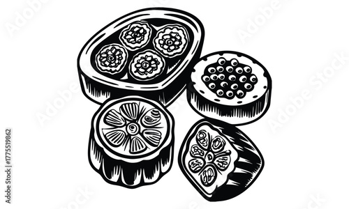 Detailed Line Art of Sliced Okra Pods